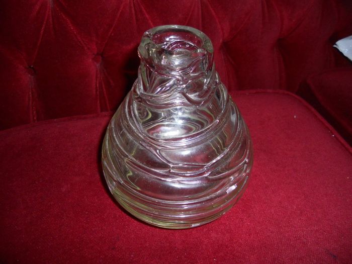 Antique 1920s Handmade Retro Blown Glass  Vase with Light Pink Webbing on Clear Glass