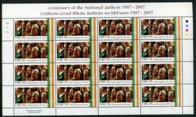 2007 Ireland Centenary of the National Anthem Commemorative Stamp Sheetlet Plate 1A1A1A1A Mint Never Hinged (MNH)
