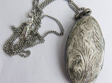 Vintage Hallmarked Extra Large Sterling Silver Decorative Oval Locket & Chain L-18" - 11,50g