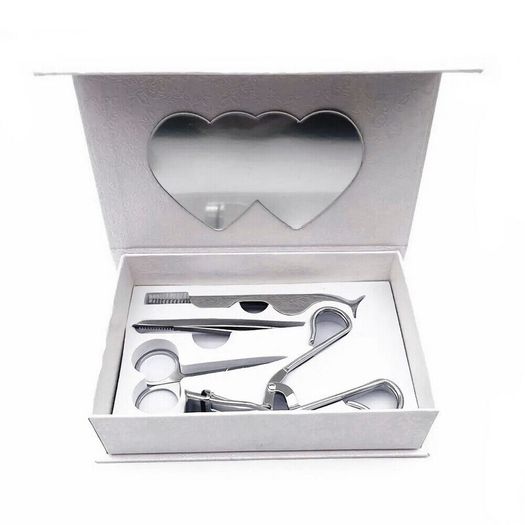 Eyelash Curler Set in Elegant Box with Mirror - Eyebrow Tweezers, Scissors - SILVER
