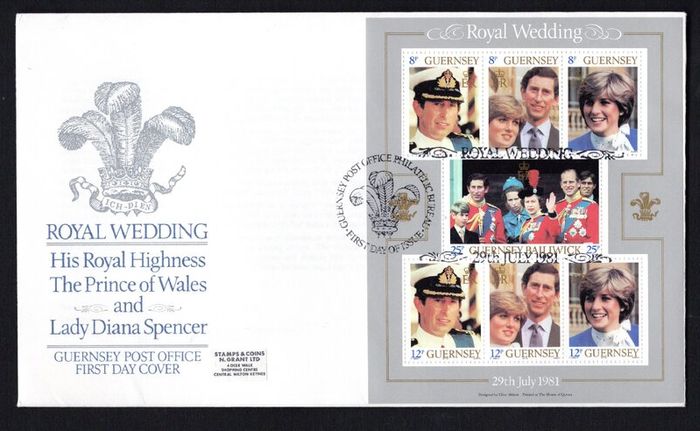 1981 Guernsey Wedding Prince Charles & Lady Diana Spencer Miniature Sheet Commemorative Stamps Addressed First Day Cover (FDC)
