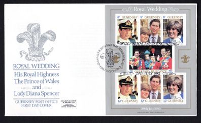 1981 Guernsey Wedding Prince Charles & Lady Diana Spencer Miniature Sheet Commemorative Stamps Addressed First Day Cover (FDC)