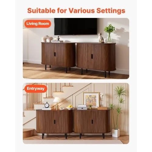 Coffee Bar Cabinet, Mid Century Fluted Coffee Bar Table, Buffet Stand Cabinet with 2 Sliding Doors, Sideboard Buffet Station for Living Room, Entryway, Kitchen, 100 x 40 x 75 cm, Walnut
