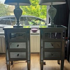 Small Mirror-Effect Bedside Lockers with Matching Crushed Diamond Lamps