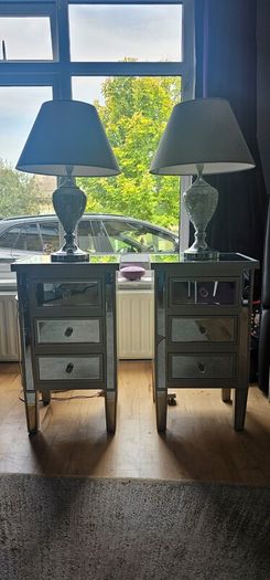 Small Mirror-Effect Bedside Lockers with Matching Crushed Diamond Lamps