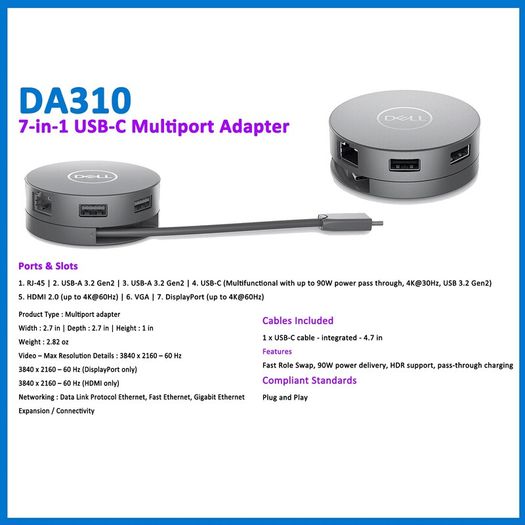 DELL 7-in-1 USB-C Multiport Adapter Docking Station - DA310