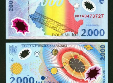 ROMANIA 2000 Lei 1999 P-111  UNC 001A  First Prefix Polymer