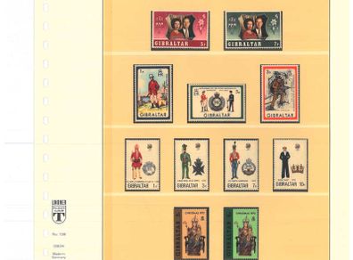 1972-3 Gibraltar Commemorative stamps Mint Never Hinged (MNH) on Lindner-T 18 ring album Pages. Pages 14&15