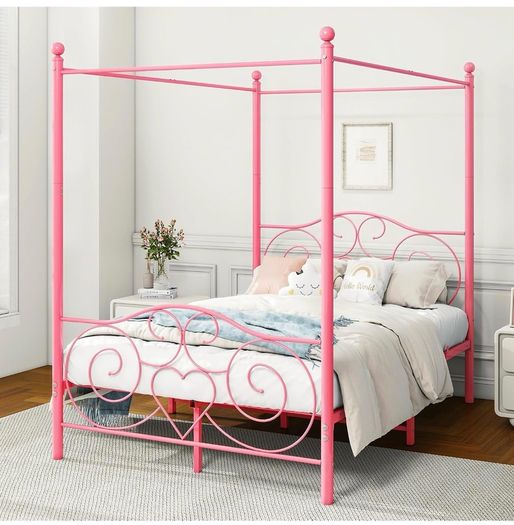 Double Canopy Bed Frame with Vintage Headboard & Footboard, Pink 135x190cm Double Canopy Bed Frame, 4ft6 Heavy Duty Metal Bed, Heart Scroll Headboard & Footboard, Steel Slats for Bedrooms