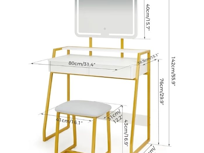 Makeup Table with Mirror and Stool, Vanity Dressing Table Set with 3 Color Adjustable Brightness LED Lights, 2 Large Storage Drawers and Metal Frame for Bedroom, White and Gold