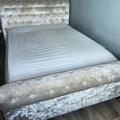 Grey crush velvet sleigh bed