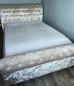 Grey crush velvet sleigh bed