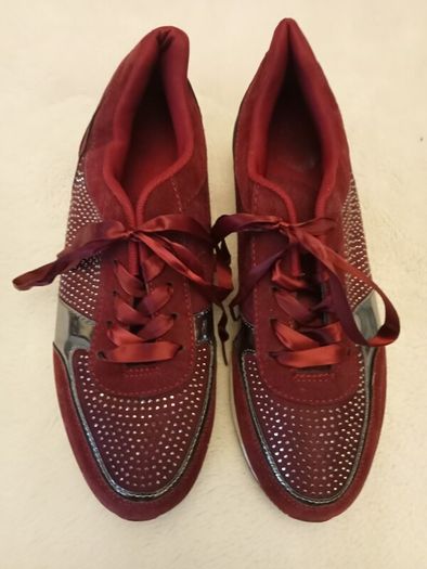 Brand New Burgundy Rhinestone Wedge Trainers - UK 7.5