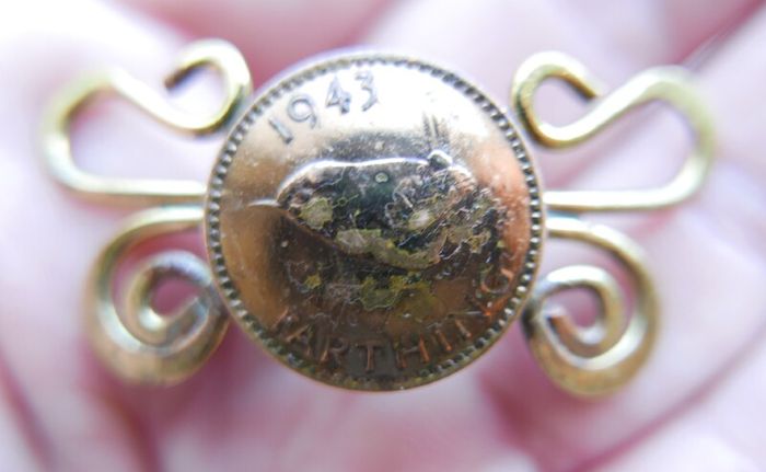 Vintage Twisted brass and Copper Foreign Coin Pin