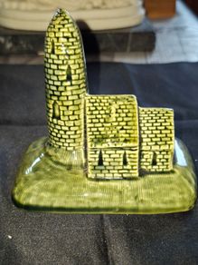Vintage Green Glazed Ceramic of an Irish Round Tower and Church by Knock Pottery in Ireland and a Vintage Angel, Postage Available or Collection