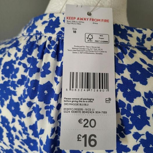 F&F blue & white dress, Size 18, BNWT