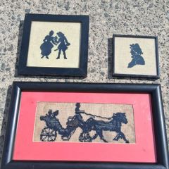 3 X Victorian Embroidered Silhouettes on Linen