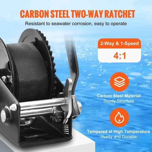 Hand Winch, 544.3 kg Pulling Capacity, Boat Trailer Winch Heavy Duty Rope Crank with 701 cm Polyester Strap and Two-Way Ratchet, Manual Operated Hand Crank Winch for Trailer, Boat or ATV Towing