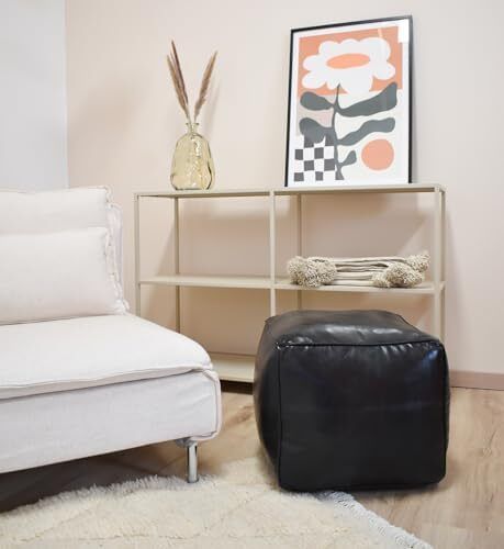 Good Square Leather Pouffe - Handmade - Delivered stuffed - Ottoman footstool, floor cushion (Black)