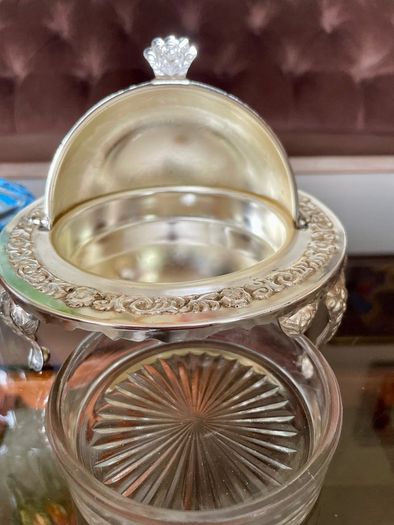 Vintage Silver Colour Roll Top Butter Dish with Glass Insert or Ornate Caviar Server