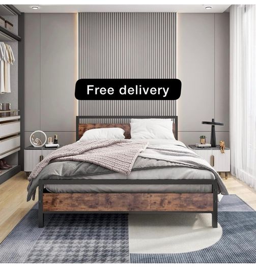 King Size Bed Frame with Wood Headboard,Heavy Duty Metal Platform