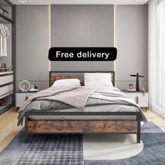 King Size Bed Frame with Wood Headboard,Heavy Duty Metal Platform