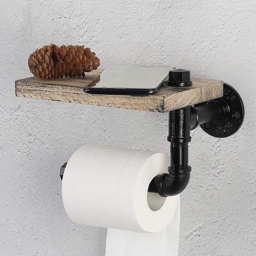 Industrial Tissue Holder,Wall Mounted Toilet Paper Holder with Wooden Shelf for Bathroom, Washroom and Cast Iron Pipe - Rustic Brown