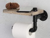 Industrial Tissue Holder,Wall Mounted Toilet Paper Holder with Wooden Shelf for Bathroom, Washroom and Cast Iron Pipe - Rustic Brown