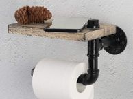 main image for ad Industrial Tissue Holder,Wall Mounted Toilet Paper Holder with Wooden Shelf for Bathroom, Washroom and Cast Iron Pipe - Rustic Brown