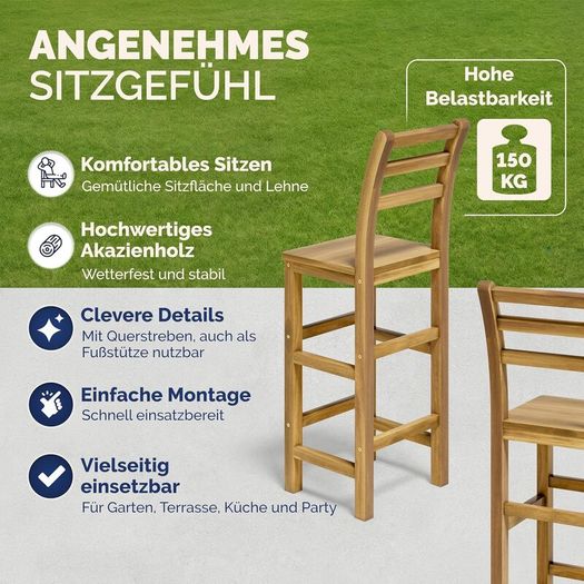 Set of 2 Natural Acacia Wood Bar Stools with Backrest  Perfect for Kitchen, Bar, or Garden