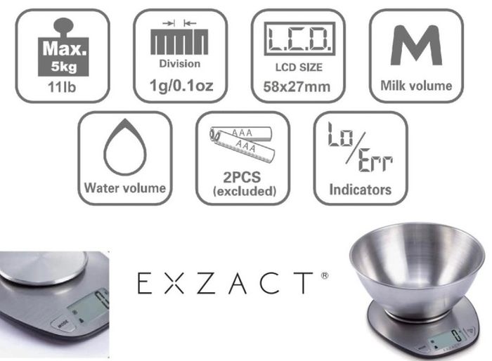 Electronic Kitchen Scale Stainless Steel Baking Scale - Large Display Wet and Dry Food Weighing Scale with Stainless Steel Mixing Bowl - Easy Switch Between Imperial and Metric - Max 5 KGS (FREE POSTAGE)