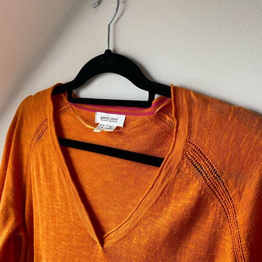 White Stuff Naria Organic Cotton Linen Blend VNeck Jumper / Sweater Vibrant Orange Size 16