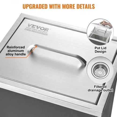 Drop in Ice Chest, 14"L x 12"W x 18"H Stainless Steel Ice Cooler, Commercial Ice Bin with Cover, 40 qt Outdoor Kitchen Ice Bar
