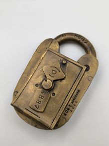 1909 Customs & Excise antique solid brass Paper-Seal Padlock (Tucker & Reeves / Hobbs & Co.)