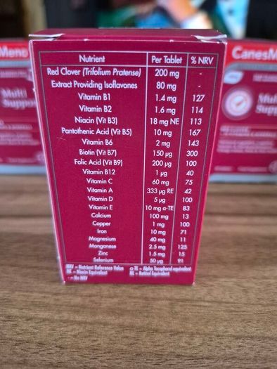 CanesMeno Multi Support menopause support supplement. Red Clover + 19 vitamins & minerals