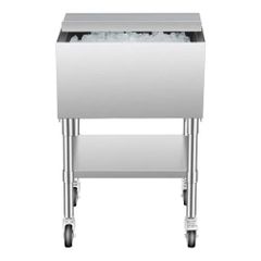 Commercial Ice Bin, 61.6 L Rolling Ice Chest on Wheels, 24 x 19.1 x 36.8 in Stainless Steel Cooler Cart with Sliding Lid, Bottom Storage Tray,