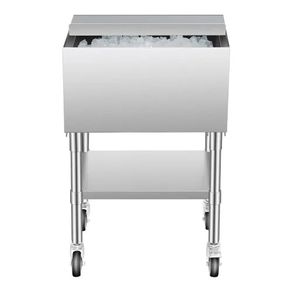 Commercial Ice Bin, 61.6 L Rolling Ice Chest on Wheels, 24 x 19.1 x 36.8 in Stainless Steel Cooler Cart with Sliding Lid, Bottom Storage Tray,