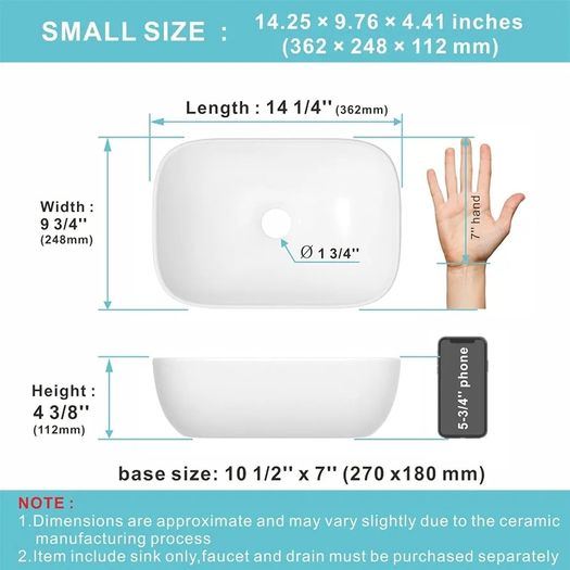 Modern Bathroom Small Vessel Sink Above Counter Compact Porcelain Ceramic Wash Basin Small Vanity Sink Lavatory Wash Hand Basin,362 x 248 x 112mm
