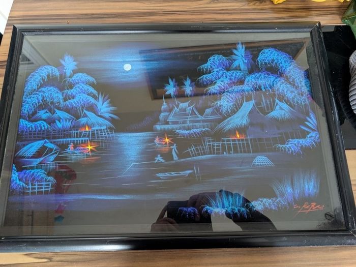 Vintage Signed Middle Eastern Night Landscape Painting Framed Circa 1980s1990s