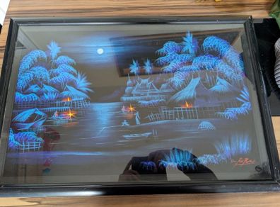 Vintage Signed Middle Eastern Night Landscape Painting Framed Circa 1980s1990s