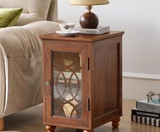Wooden End Table with Glass Door Storage, 14 Farmhouse Side Table with Adjustable Shelf Solid Wood Gourd Legs, Sofa Side End Tables Cabinet for Living Room, Office