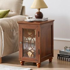 Wooden End Table with Glass Door Storage, 14 Farmhouse Side Table with Adjustable Shelf Solid Wood Gourd Legs, Sofa Side End Tables Cabinet for Living Room, Office