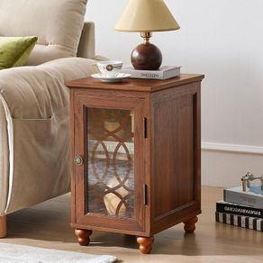 Wooden End Table with Glass Door Storage, 14 Farmhouse Side Table with Adjustable Shelf Solid Wood Gourd Legs, Sofa Side End Tables Cabinet for Living Room, Office