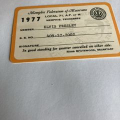 Elvis Memorabilia - Memphis Federation of Musicians Membership Card