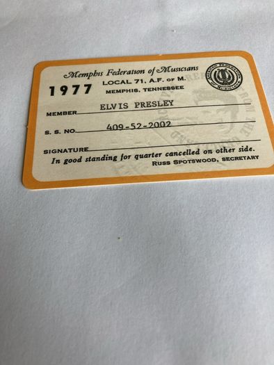 Elvis Memorabilia - Memphis Federation of Musicians Membership Card
