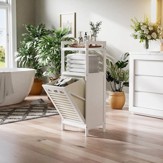 Bamboo Tilt Out Hamper, Bathroom Laundry Cabinet with Hidden Foldable Basket, Freestanding Clothes Storage Organizer with Storage Shelf, White
