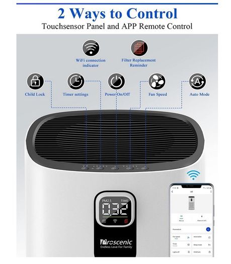 Proscenic A9 Air Purifier, for Home 90SqM with H13 True HEPA Filter, CADR 460m/h, Timer, Auto Mode, Sleep Mode, PM2.5 Display, Filter Change Reminder, Air Filter for Allergies, Dust and Pollen