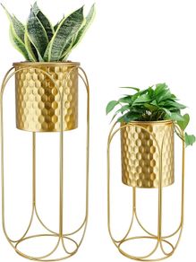 Set of 2 Indoor Outdoor Decorative Planters with Stand for Plants 65.5 & 45.5cm Tall Morden Flower Pot Stand for Dining Room Kitchen Office Garden Patio Wedding (Golden Honeycomb Stamping)