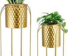 Set of 2 Indoor Outdoor Decorative Planters with Stand for Plants 65.5 & 45.5cm Tall Morden Flower Pot Stand for Dining Room Kitchen Office Garden Patio Wedding (Golden Honeycomb Stamping)