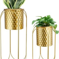 Set of 2 Indoor Outdoor Decorative Planters with Stand for Plants 65.5 & 45.5cm Tall Morden Flower Pot Stand for Dining Room Kitchen Office Garden Patio Wedding (Golden Honeycomb Stamping)